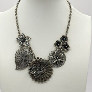Silver Tone Floral Statement Necklace